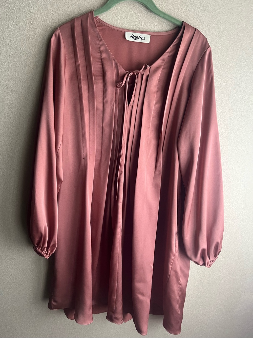 Dusty Rose Pintuck Tie-Neck Tunic Dress